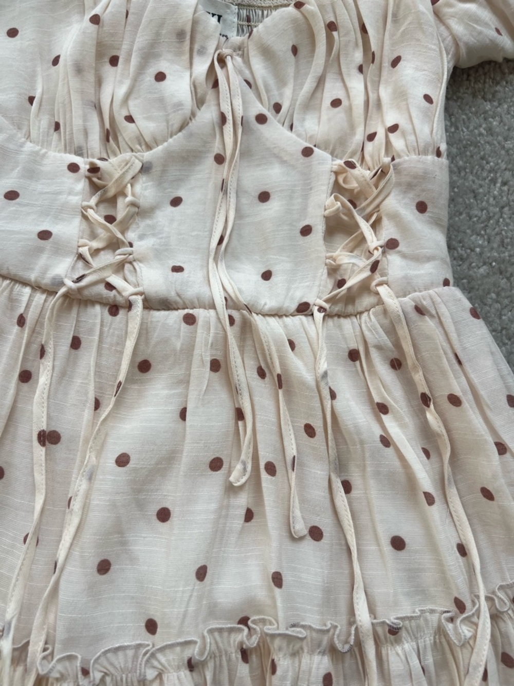 Trixxi Cream Puff Sleeve Polka Dot Dress with Brown Dots - Picture 3 of 6